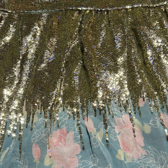 Manoush Gold Sequins Blue Floral Zip Up Dress Sz M C6 - Picture 2 of 5